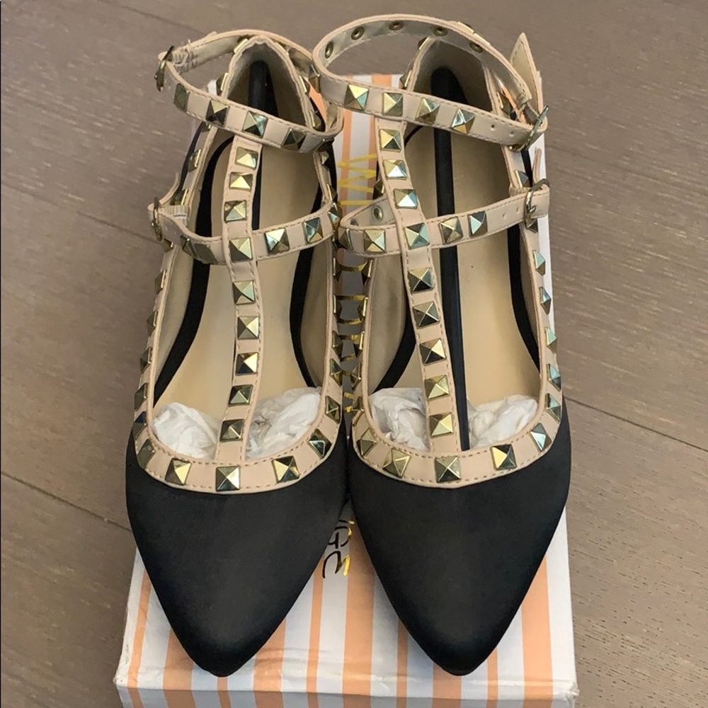 Wild Diva Satin Black Gold Studded T-Strap Flats